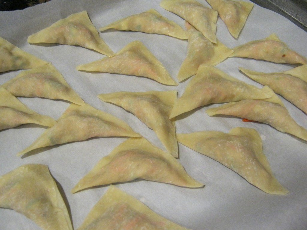 Folded Chicken Wontons before frying